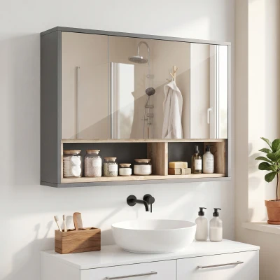 HOMCOM Armoire Salle de Bain Murale 3 Portes 8 Compartiments Gris