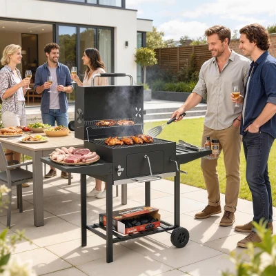 Outsunny Barbacoa de Carbón con Bandeja Ajustable Estantes Plegables Ruedas Termómetro Tapa Chimenea Ventilaciones y Cesta