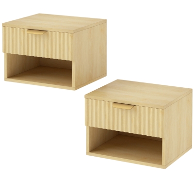 HOMCOM Wall-Mounted Bedside Tables Set Oak Fluted Drawer