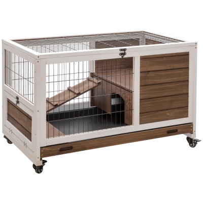 PawHut Jaula de Conejos Conejera para Mascotas Pequeñas con Techo Abrible y Bandeja Extraíble 90x53x59 cm Marrón
