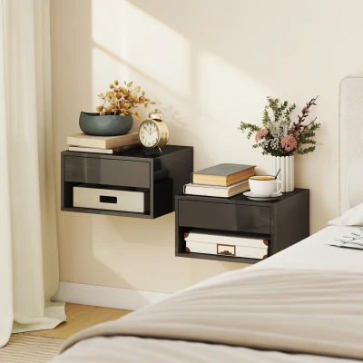 HOMCOM Wall-Mounted Bedside Tables Set High Gloss Black