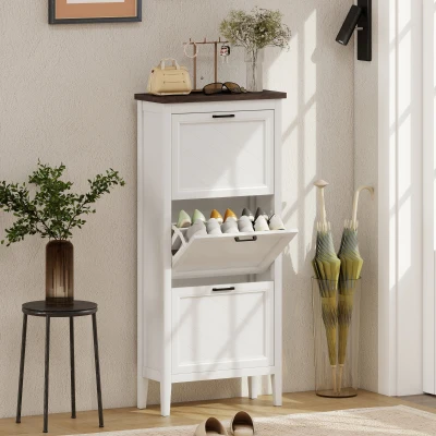 HOMCOM Farmhouse Shoe Cabinet 3-Drawer White