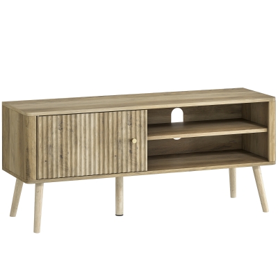 HOMCOM Mesa de TV con Puerta Estante Ajustable Compartimentos Abiertos y Orificio para Televisión hasta 55 Pulgadas Roble