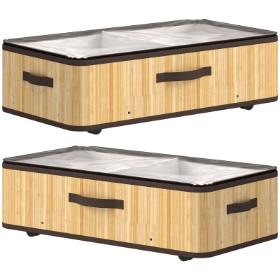 HOMCOM Juego de 2 Cajas de Almacenaje Bajo Cama con Ruedas 60L Tapa Transparente y Asa Marco Metálico 78,5x43x23 cm Natural