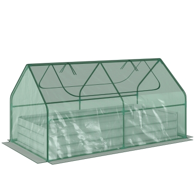 Outsunny Raised Garden Bed with Greenhouse, Steel Planter Box with Plastic Cover, Roll Up Window, Dual Use for Flowers, Vegetables, Fruits and Herbs, 185L x 95W x 92H cm, Green