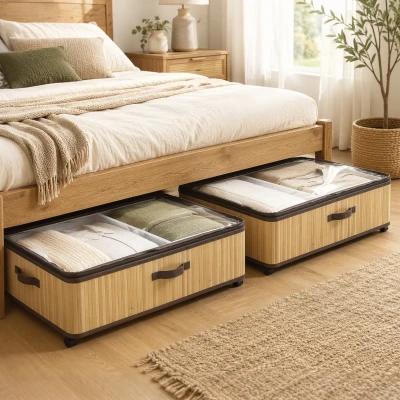 HOMCOM Juego de 2 Cajas de Almacenaje Bajo Cama con Ruedas 60L Tapa Transparente y Asa Marco Metálico 78,5x43x23 cm Natural
