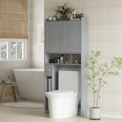 HOMCOM Meuble WC Gris 2 Portes 3 Compartiments 80x19,5x170cm
