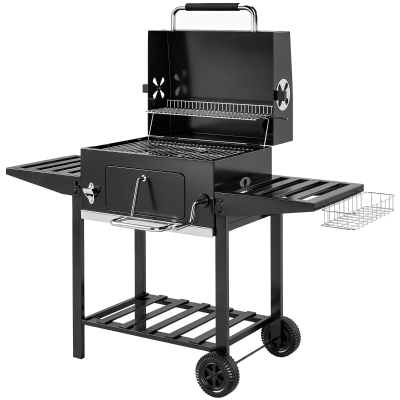 Outsunny Barbacoa de Carbón con Bandeja Ajustable Estantes Plegables Ruedas Termómetro Tapa Chimenea Ventilaciones y Cesta