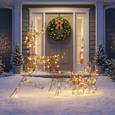 Outsunny Reno de Navidad con Trineo Luminoso 2 Piezas en Ratán PP, 175 LED Blanco Cálido, 8 Modos, Temporizador, 82x32x120cm, Marrón
