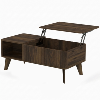 HOMCOM Mesa de Centro Elevable con Compartimento Oculto Estantes Abiertos Frontal Ondulado 100x48x41-56 cm Nogal