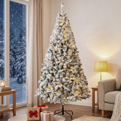 HOMCOM Árbol de Navidad Nevado con 240 Luces LED Blanco Cálido 200 cm 850 Ramas Ignífugas Abatibles Base Metálica Plegable