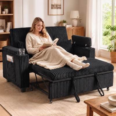 HOMCOM 2-Seater Sofa Bed Pull-Out Storage Armrests Black