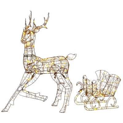 Outsunny Reno de Navidad con Trineo Luminoso 2 Piezas en Ratán PP, 175 LED Blanco Cálido, 8 Modos, Temporizador, 82x32x120cm, Marrón