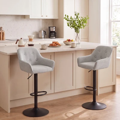 HOMCOM Set de 2 taburete de bar, scaune de bar din chenille, înălțime reglabilă, rotire 360°, spătar și suport pentru picioare, gri