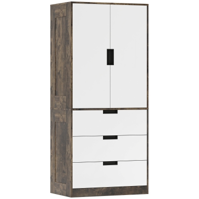 HOMCOM Wardrobe 3-Drawer 2-Door Hanging Rod Rustic Brown