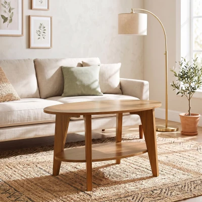 HOMCOM Masă de cafea ovală cu 2 nivele, masă de living modernă cu raft inferior deschis, 80 x 50 x 45 cm, Stejar