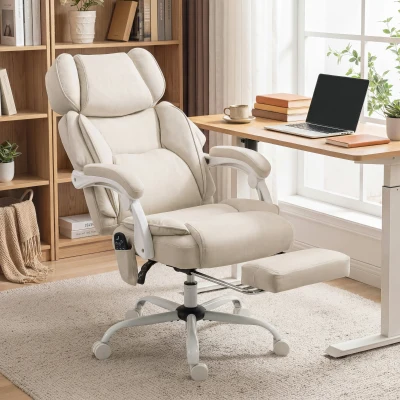 HOMCOM Silla de Escritorio Reclinable con Masaje Vibratorio de 6 Puntos Calor Lumbar Reposacabezas Ajustable Reposapiés Crema