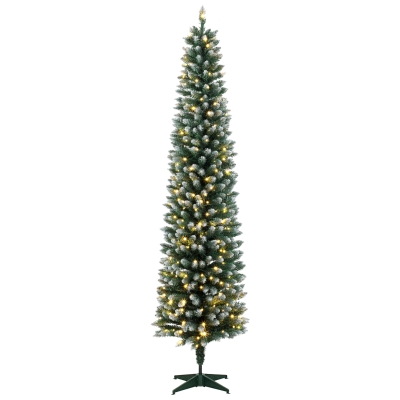 HOMCOM Árbol de Navidad Estrecho Nevado con 170 Luces LED Bicolor 180 cm 351 Ramas Ignífugo 11 Modos Mando a Distancia Verde