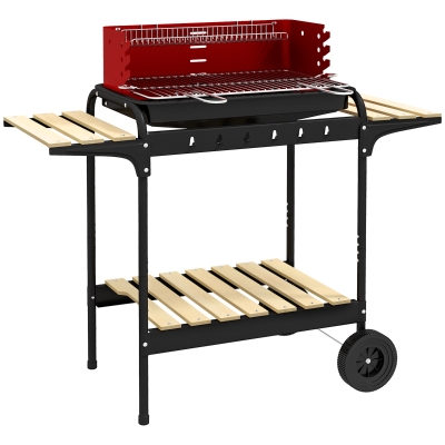 Outsunny Barbacoa de Carbón con Ruedas Parrilla Ajustable en Altura Estantes y 6 Ganchos 103x47x95 cm Rojo y Negro