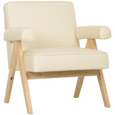 HOMCOM Sillón de Salón Tapizado en PU con Reposabrazos y Marco de Madera de Caucho para Dormitorio Carga 120 kg Crema