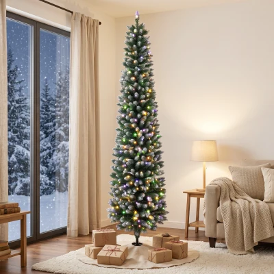 HOMCOM Árbol de Navidad Estrecho Nevado con 170 Luces LED Bicolor 180 cm 351 Ramas Ignífugo 11 Modos Mando a Distancia Verde