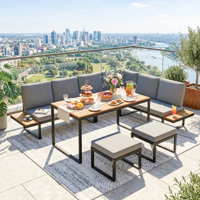 Outsunny Modular Garden Sofa Set 6 Piece with Dining Table Grey