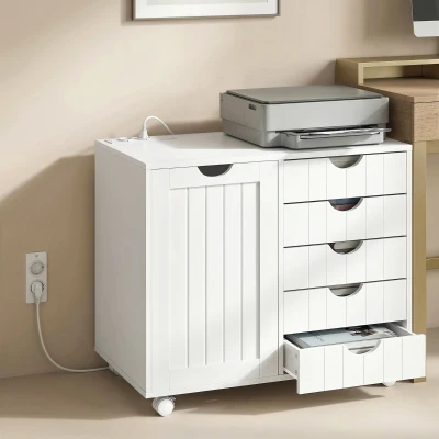 HOMCOM Mueble para Impresora con Estación de Carga y Ruedas 5 Cajones Puertos USB Estante Ajustable Blanco