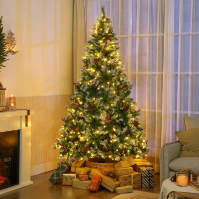 HOMCOM Árbol de Navidad Nevado 210 cm con 400 LED 11 Modos Mando a Distancia 1253 Puntas 44 Piñas y 44 Bayas Verde