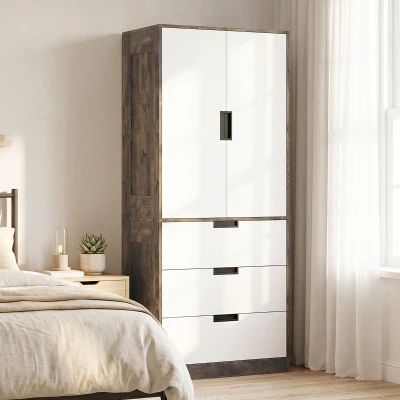 HOMCOM Wardrobe 3-Drawer 2-Door Hanging Rod Rustic Brown