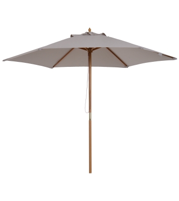 Outsunny Sombrilla de Jardín Ø250x230 cm Parasol de Terraza con Marco de Madera 6 Varillas Sistema de Cuerda e Impermeable Gris