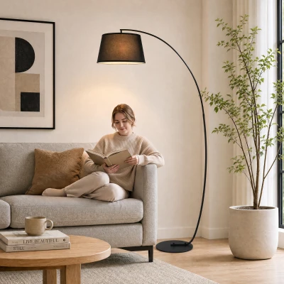 HOMCOM Lampadaire Arc Salon Moderne Métal Lin Noir