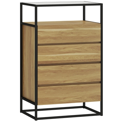 HOMCOM Cómoda Dormitorio con 4 Cajones Superficie de Vidrio Templado Estante Abierto Estructura de Acero 60x40x94,5 cm Teca