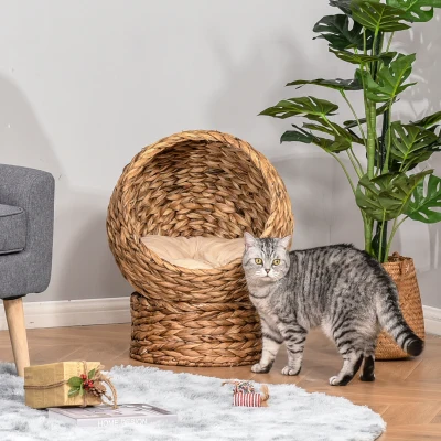 PawHut Wicker Cat Bed Rattan with Cushion 50x42x60cm Brown