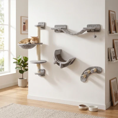 PawHut Cat Wall Furniture Set with Hammock Grey