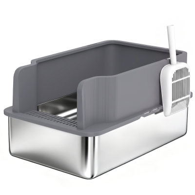 PawHut Arenero para Gatos de Acero Inoxidable L con Bandeja de Tamizado Borde Alto Pala y 10 Empapadores Gris Oscuro