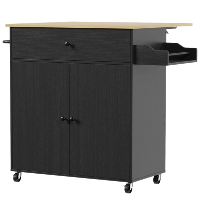HOMCOM Kitchen Island with Drop Leaf, Rolling Kitchen Storage Trolley on Wheels with Drawer, Spice Rack and Towel Rack, Black