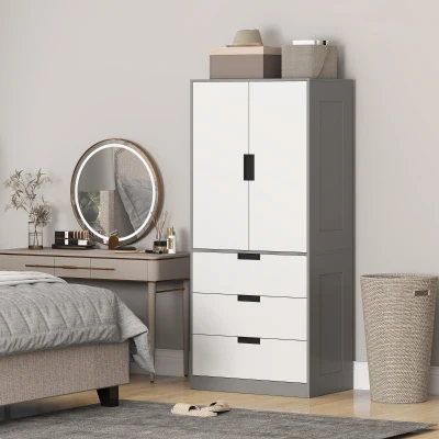 HOMCOM Modern Wardrobe Grey with 3 Drawers & Hanging Rod