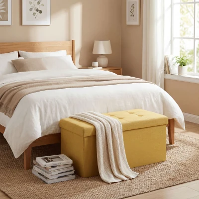 HOMCOM Puff Almacenaje, Banco Almacenaje Plegable 84 L 76x38x38 cm Tapizado en Lino Sintético Amarillo