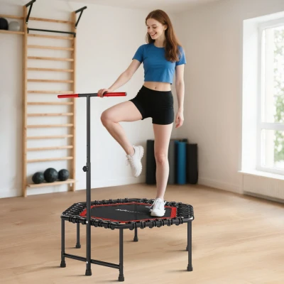 SPORTNOW Trampolim Fitness 114x114x132 cm com Guiador Ajustável em 3 Níveis Estrutura de Aço para Treino de Perna Corpo Vermelho