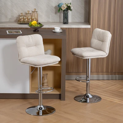 HOMCOM Juego de 2 Taburetes Altos de Cocina Giratorios Tapizados de Lino con Altura Ajustable Respaldo y Reposapiés Beige
