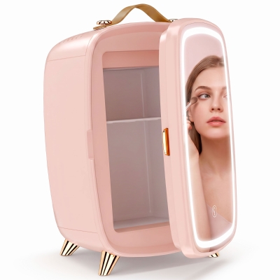 HOMCOM Nevera para Cosméticos Pequeña con 6L Capacidad con Puerta con Espejo y Luces LED Ajustables 24,3x19,4x35,6 cm Rosa