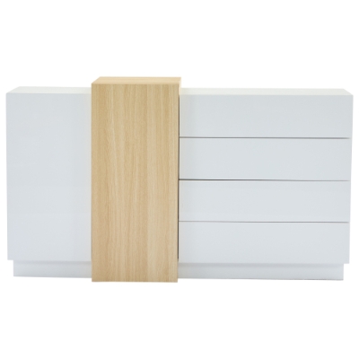 High-Gloss Sideboard with 4 Drawers and 2 Doors, 140L x 35W x 76.5H cm, White