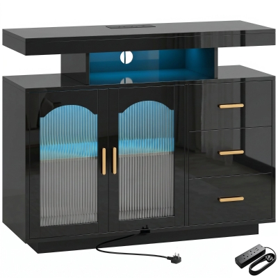 HOMCOM High Gloss Sideboard LED Power Outlets 3 Drawers Black
