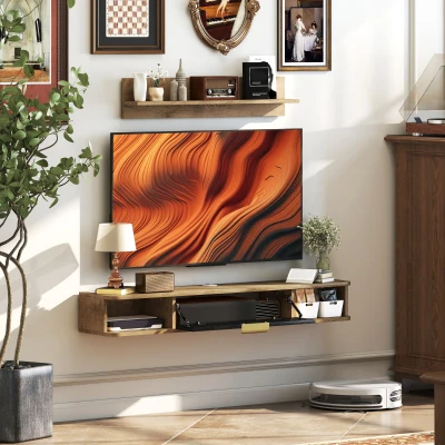 HOMCOM Conjunto de Muebles de Salón Muebles de TV con Estante de Pared Compartimentos Orificios para Cables 120x24x16 cm Roble