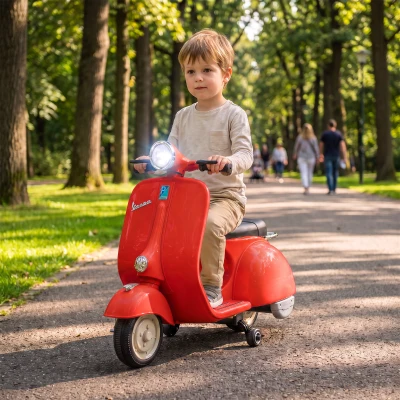 AIYAPLAY Moto Eléctrica para Niños Licencia VESPA Arranque Suave Ruedines Desmontables Luz Delantera Música, Bocina USB Rojo