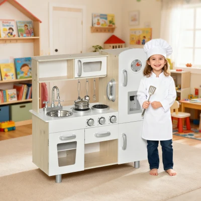 HOMCOM Cocina de Juguete de Madera con Fregadero Cocina de Inducción y Microondas Simulados con Accesorios Incluidos Cocina Infantil para +3 Años 74x30x81 cm Blanco