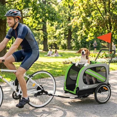 PawHut Remolque de Bicicleta para Perros 2 en 1 Carrito para Mascotas Plegable con Cinturón de Seguridad Reflectores Verde