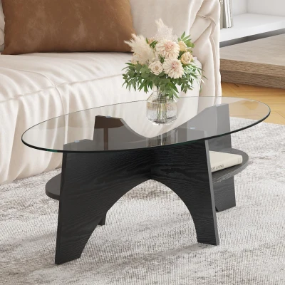 Table basse ovale moderne en verre de sécurité, Transparent