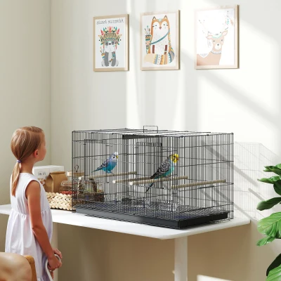 PawHut Jaula para Pájaros con Divisor 4 Comederos 4 Perchas Bandeja Extraíble para Loros Canarios Periquitos 76x46x46 cm Negro