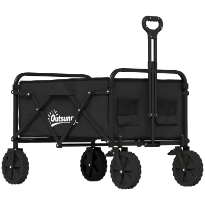 Outsunny Carro de Jardín Plegable con Ruedas Bloqueables Mango Ajustable Portavasos Carga 80 kg para Campaña 85x50x99 cm Negro